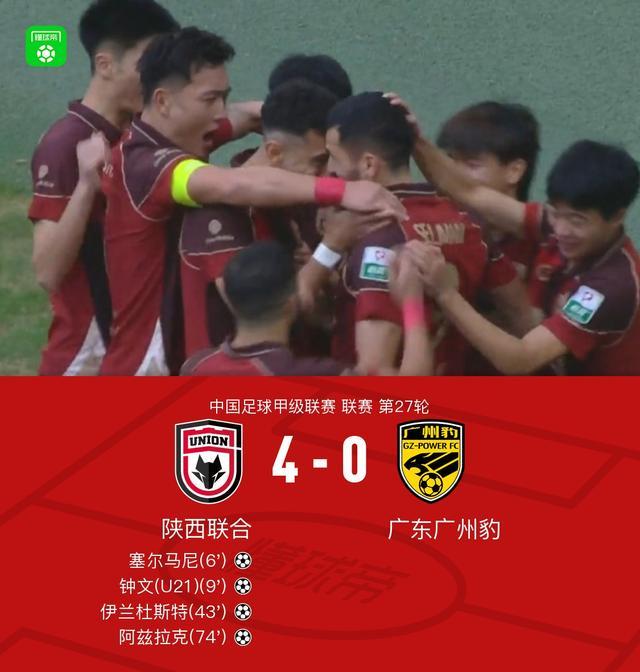 陕西4-0广州豹，塞尔马尼、伊兰杜斯特1射2传，阿兹拉克破门